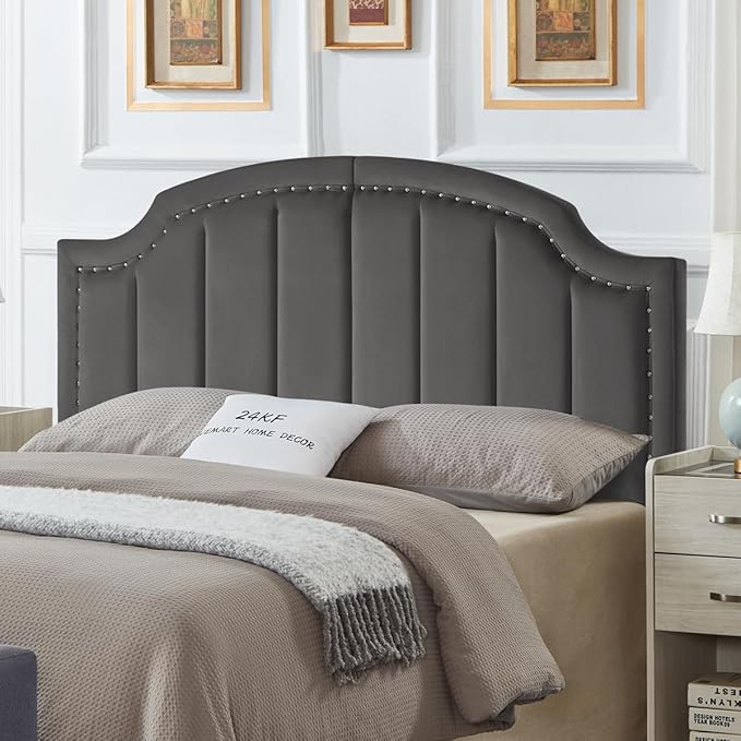 24KF Velvet Fabric Upholstered Queen/Full Headboard with Nail Trims,Modern Vertical Channel Design with Curved Headboard,6052-Q-Dark Gray