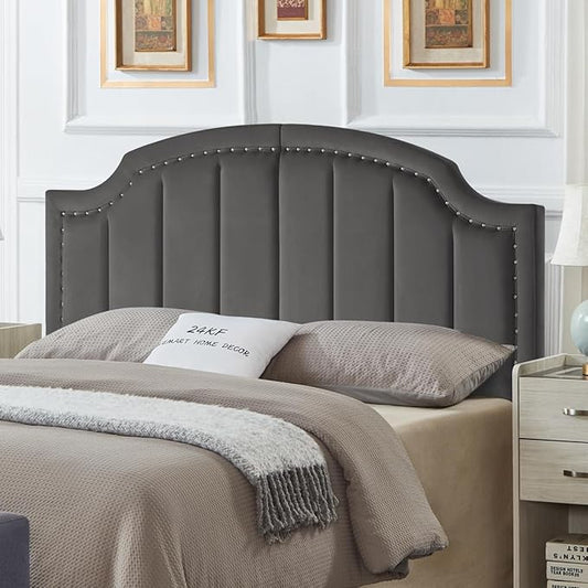 24KF Velvet Fabric Upholstered Queen/Full Headboard with Nail Trims,Modern Vertical Channel Design with Curved Headboard,6052-Q-Dark Gray