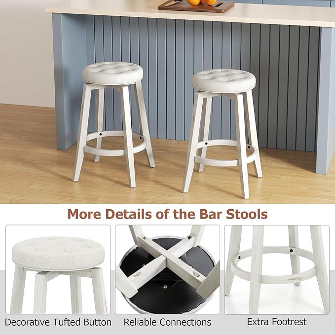 COSTWAY 360° Swivel Bar Stools Set of 2, 30-inch Height Vintage Upholstered Rubberwood Backless Bar Chairs with Footrest, Retro Kitchen Counter Stools for Kitchen Island Dining Room Home Bar, White