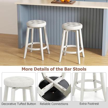 COSTWAY 360° Swivel Bar Stools Set of 4, 30-inch Height Vintage Upholstered Rubberwood Backless Bar Chairs with Footrest, Retro Kitchen Counter Stools for Kitchen Island Dining Room Home Bar, White
