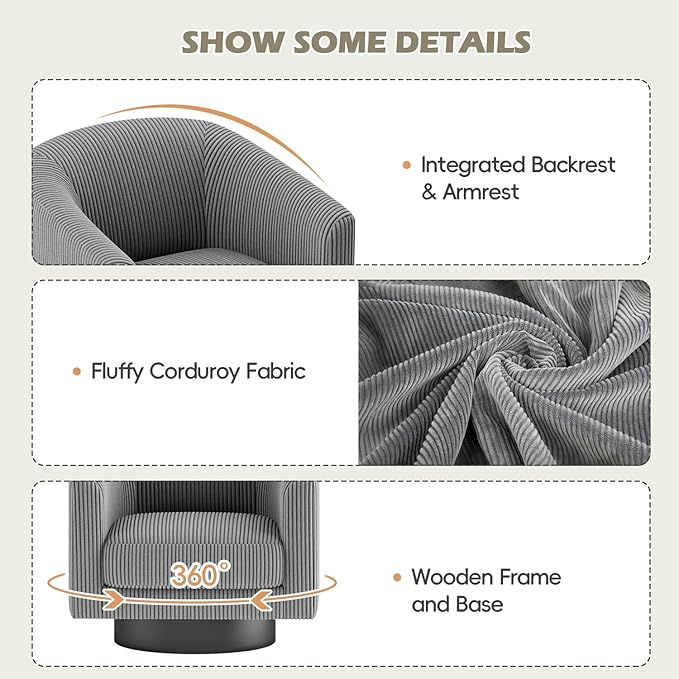 360° Swivel Accent Chairs Set of 2, Modern Bucket Chair, Corduroy Barrel Armchair, Comfy Boucle Chair, Single Sofa for Living Room Bedroom. Dark Grey