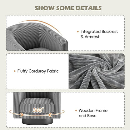 360° Swivel Accent Chairs Set of 2, Modern Bucket Chair, Corduroy Barrel Armchair, Comfy Boucle Chair, Single Sofa for Living Room Bedroom. Dark Grey