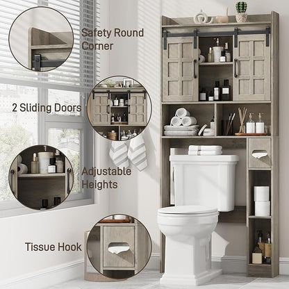 Over The Toilet Storage Cabinet, Farmhouse Storage Cabinet Over Toilet with Sliding Doors，Home Space-Saving Toilet Rack, for Bathroom, Restroom, Laundry.Wash Grey