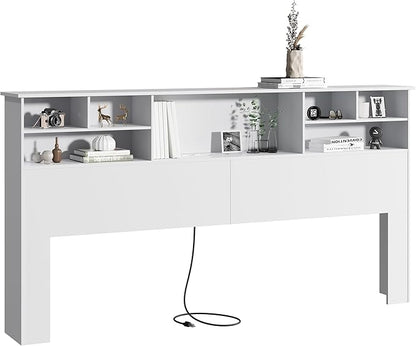 King Size Headboard for Bedroom, Stylish Bookcase Headboard with Built-in Charging Station & 2 LED Lights, Engineered Wood Headboards, Noise-Free HeadBoard King Size with Storage, White