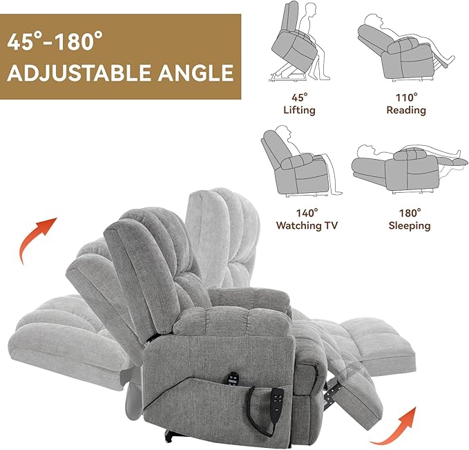 Power Lift Recliner Chair for Elderly, Oversized Chenille Electric Recliners Chairs for Living Room, Dual Motor 180° Lay Flat Recliner Big Sofa with Massage and Heating, Heavy-Duty, Light Grey