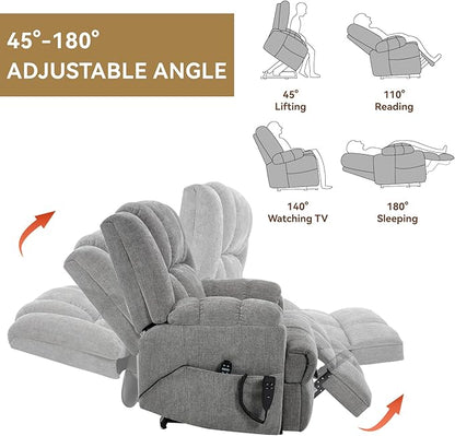 Power Lift Recliner Chair for Elderly, Oversized Chenille Electric Recliners Chairs for Living Room, Dual Motor 180° Lay Flat Recliner Big Sofa with Massage and Heating, Heavy-Duty, Light Grey