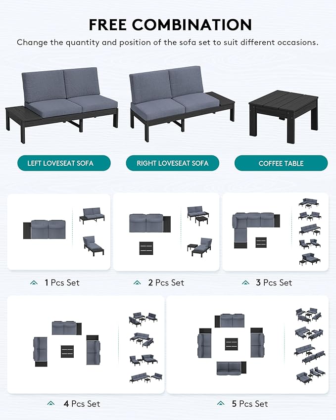 SERWALL HDPE Outdoor Loveseat Set, All-Weather Modular Patio Sofa, Sectional Seating for Backyard or Balcony, Garden, Black Frame with Grey Cushion