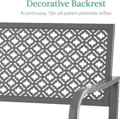 Best Choice Products Outdoor Bench 2-Person Metal Steel Benches Furniture for Garden, Patio, Porch, Entryway w/Geometric Backrest, 790lb Capacity – Gray