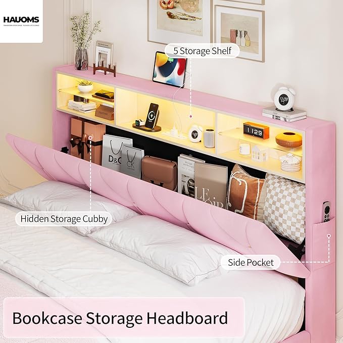 Full Size Bed Frames with Storage Headboard,Power Outlet, Modern Velvet Upholstered Platform Bed LED Bed Frame with 5 Storage Shelves, No Box Spring Needed, Pink