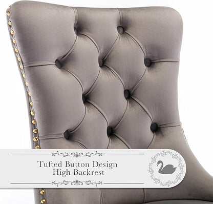Velvet Upholstered Dining Chairs Set of 2, Modern Style Kitchen Side Chairs with Nailhead Trim and Gold Plated Leg, Metal Pulling Ring for Dining Room Living Room(Gery-Gold Plated Leg)
