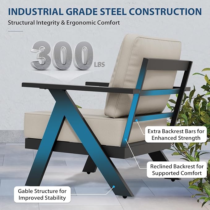 COOS BAY Iron Luxe Modern Outdoor Patio Chairs Set of 2, Lounge Accent Chairs for Backyard, Deck, Porch, Garden, Black/Beige