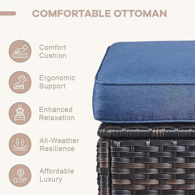 Swivel Patio Chairs sofa Set of 9 with 6" Thick Cushion - Wicker Outdoor Swivel Rocker Patio Chair ,Sofa/Glass coffee table, High Back Comfortable Outdoor Glider Chairs -Brown Wicker Blue Cushion