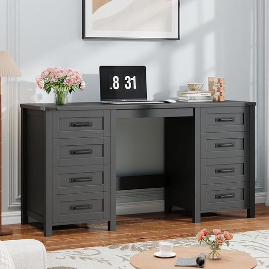 Vabches Farmhouse 60.6” Executive Desk with 7 Drawers, Computer Desk with File Drawer for Hanging Files A4, Workstation for Home Office, Study.Black