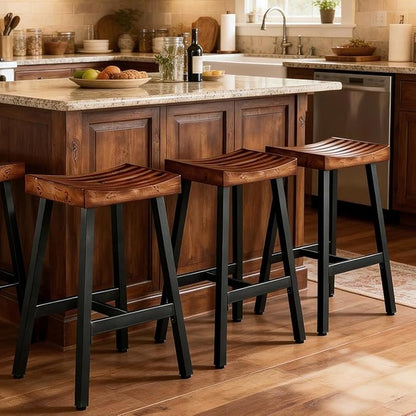 OUllUO Bar Stools Set of 4, Backless Saddle Barstools, 25" Counter Height Bar Stools, Solid Wood Counter Stools with Metal Frame, 521P-BBWD4