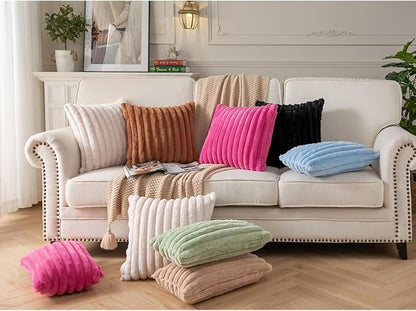 DEELAND Pack of 2,Double-Sided Faux Fur Plush Decorative Throw Pillow Covers Fuzzy Striped Soft Pillowcase Cushion Covers for Sofa Couch Bedroom Beige 16x16 inch