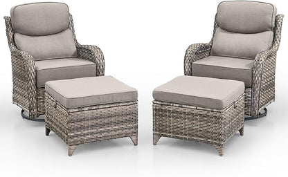 Swivel Patio Chairs Sofa Set of 5 with 6" Thick Cushion - Wicker Outdoor Swivel Rocker Patio Chair with Side Table, High Back Comfortable Outdoor Glider Chairs - Grey Wicker - Grey Cushions