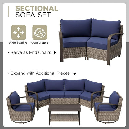 COOS BAY Aurora Terrace Half-Moon Outdoor Furniture Set, Rattan Conversation Set with Curved 5-Seat Sofa, Coffee Table, Seats 5, Beige/Blue