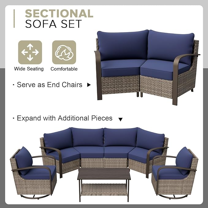 COOS BAY Aurora Terrace Half-Moon Outdoor Furniture Set, Rattan Conversation Set with Curved 4-Seat Sofa, Coffee Table, Seats 4, Beige/Blue