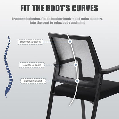 Ergonomic Mesh Guest Chair – No Wheels, Lumbar Support Design, Thick Cushion & Padded Arms – for Office Reception, School, Church Waiting Rooms, Lobby – Black