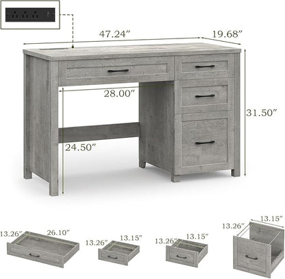 Vabches Farmhouse 47" Executive Desk, Computer Desk with File Drawer and Charging Station, Workstation for Home Office, Study.Grey.
