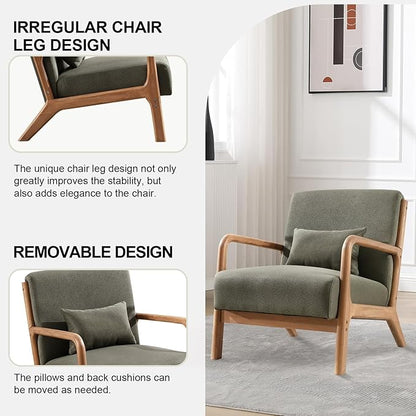Accent Chair Mid Century Modern Chair Linen Fabric Living Room Chairs with Solid Wood Frame Comfy Upholstered and Lumbar Pillow Reading Side Chair Easy Assembly for Bedroom Room (1, Linen Green)