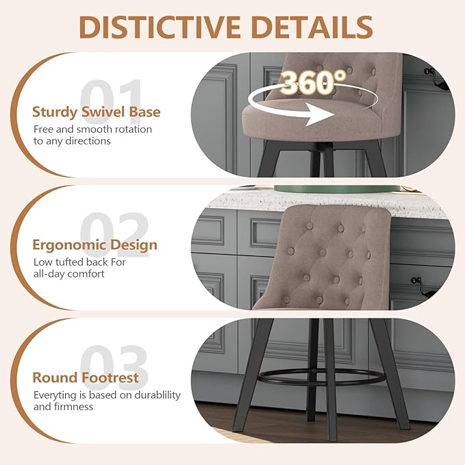 MINCETA Set of 4 Upholstered Bar Stools - 26 Inch Swivel Counter Height Stools with Low Tufted Back, Footrest & Performance Fabric - Round Seat for Kitchen Island & Home Bar Taupe