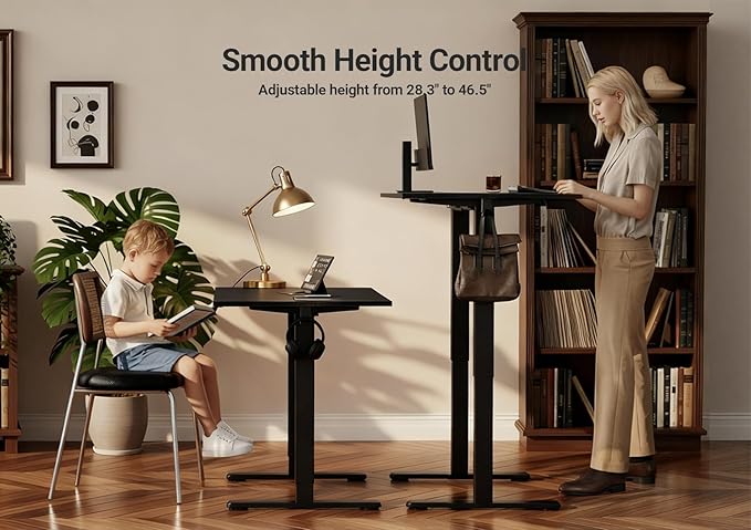 Seang Electric Height Adjustable Standing Desk, 40 x 24 Inch Sit-Stand Workstation with T-Style Frame, 3 Memory Height Options & Built-in Cable Management for Home Office, Black Frame/Black Top