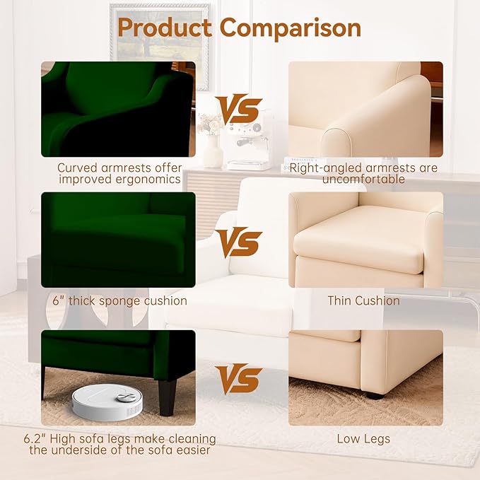 Accent Chairs Set of 2 for Living Room, Modern Velvet Living Room Chairs with Wide Backrest, Upholstered Comfy Chair with Cushion, Oversized Sofa Chair with Wood, Single Armchair, Green