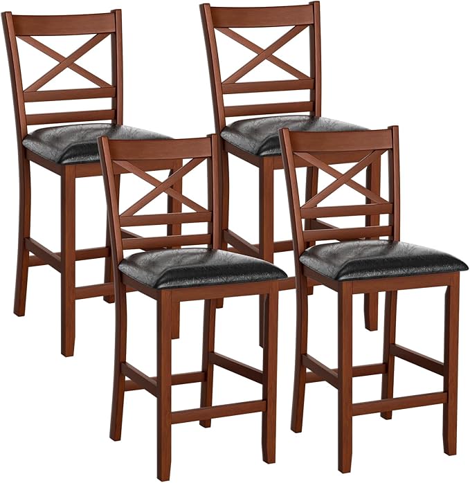 COSTWAY Barstools Set of 4, 25” Counter Height Mid Century Modern Island Chairs with Back, Soft Cushion & Faux Leather Seat, Wooden Armless Kitchen Stools for Home, Cafe Shop, Restaurant, Pub