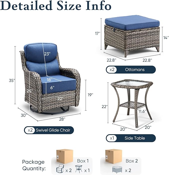 Belord Luxury 6" Thick Cushioned 5 Pieces Patio Furniture Set with 2 Ottomans, Wicker Outdoor Conversation Set with High Back Swivel Rocker Patio Chairs for Deck Porch Yard and Poolside - Grey+Blue