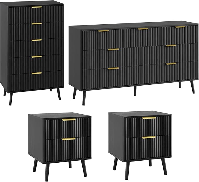 LYNSOM Fluted Dresser and Nightstand Sets 4 Piece, 2-Drawer Nightstands and 5/7 Drawers Dresser, Wood Bedroom Furniture Set for Home, Bedroom, Hallway, Black