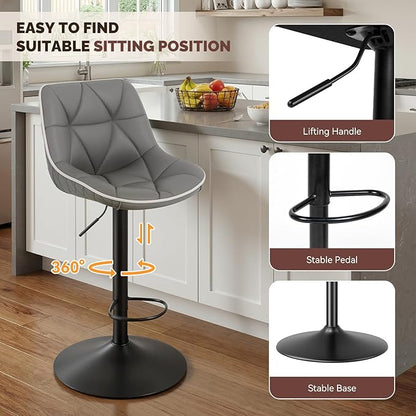 Nalupatio Bar Stools Set of 4, Adjustable Swivel Counter Height Bar Stools with Back, Armless Modern Barstools for Kitchen Island & Home Bar, Upholstered Seat,（Grey）