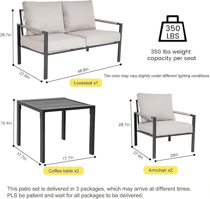 Sundale Outdoor 5 Pieces Patio Furniture Set, All-Weather Metal Outdoor Conversation Set with 6 Inch Cushions and Coffee Tables, Outdoor Furniture Set for Backyard, Balcony, Poolside, Light Grey