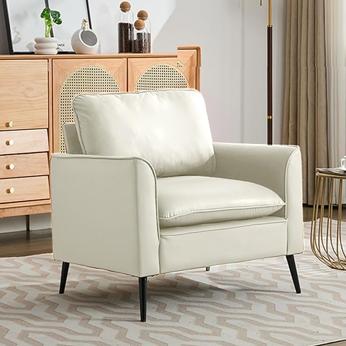 YISHENG Mid-Century Modern Living Room Accent Chairs Set of 2 - Oversized Faux Leather Armchairs with Removable Cushions & Metal Legs, Comfortable Sofas for Office/Lounge/Bedroom/Reception,Cream
