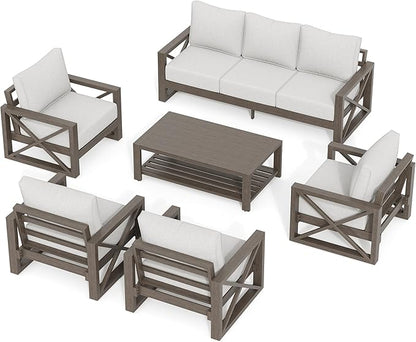 UDPATIO 6 Piece Aluminum Patio Furniture Set 7 Seats Modern Outdoor Furniture Faux Wood Grain Patio Conversation Sets with Olefin Fabric Thick Cushions, 600D Waterproof Cover Included, Light Grey
