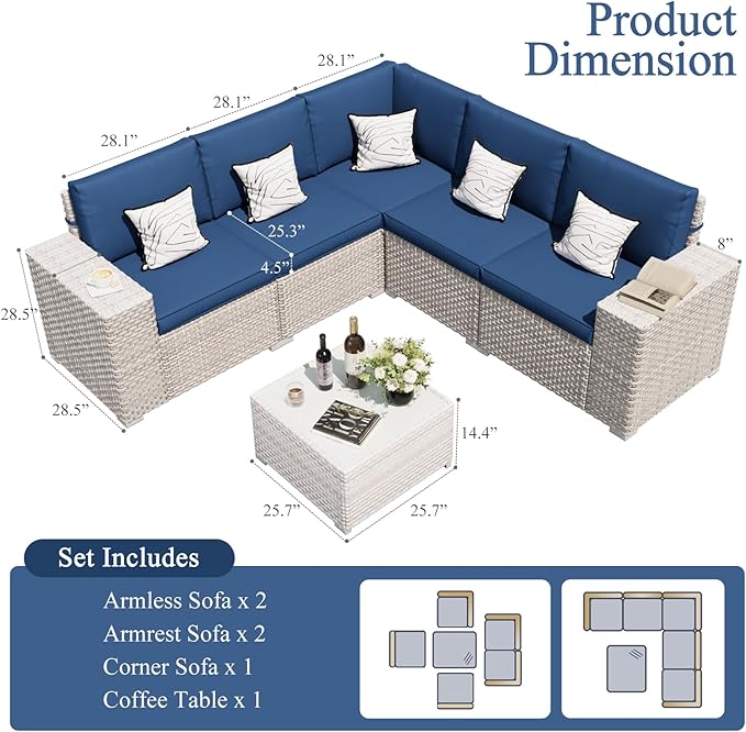 6-Piece Patio Furniture Set, Outdoor Extra Wide Armrest Modular Patio Sofa, Dual-Strand Rattan Wicker, Rust-Resistant Frame, Backyard High Back, Large Seat Furniture for Porch Garden Balcony, Blue