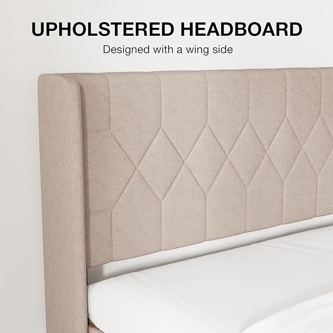 Novilla Full Size Bed Frame, Full Bed Frame with Headboard, Linen Upholstered Pull-Point Wing Side Headboard, No Box Spring Needed, Heavy Duty Feet, Easy Assembly, Beige