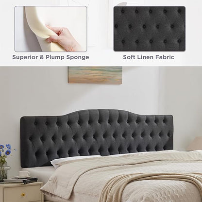 Upholstered Full Headboard, Button Diamond Tufted Headboard with Adjustable Height and Solid Wood Leg, Velvet Padded Headboards for Full Size Bed, Modern Head Board, Dark Grey