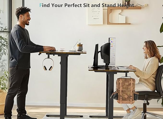55 x 24 inch Electric Standing Desk Adjustable Height with 4 Wheels, 4 Memory Height Settings, 2 Headphone Hook, for Home Office, Splice Board Brown