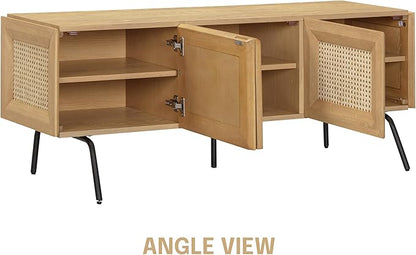 NTC Mossic TV Media Cabinet with 3 Doors for TVs, Entertainment Center with Natural Rattan, Metal Legs, Modern Storage Console for Living Room and Bedroom, Effortless Assembly, Sand