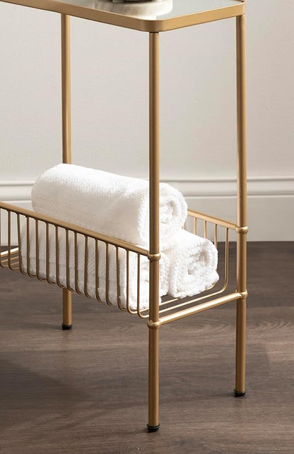 Kate and Laurel Trubey Modern Mirrored Rectangle Narrow Side Table, 16 x 8 x 25, Gold, Modern Glam Slim End Table with Bottom Wire Storage Rack and Mirrored Tabletop