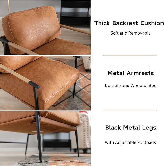 HEAH-YO Modern Accent Chairs Set of 2, PU Faux Leather Living Room Chairs with Backrests, Comfy Reading Side Chairs with Metal Legs for Bedroom, Brown