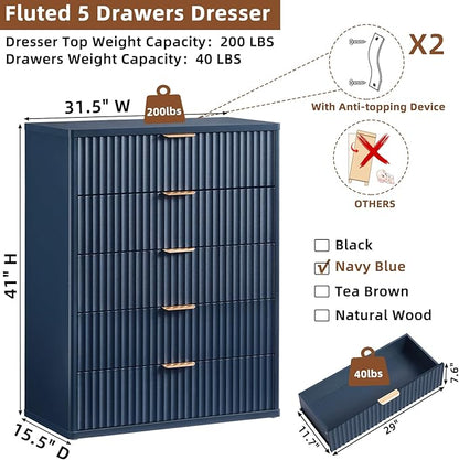 LEYAOYAO Fluted 5 Drawers Dresser for Bedroom, 41" Tall Modern Chest of Drawers with Metal Handle, Curved Profile Farmhouse Closet Organizer Wood Dressers TV Stand for Living Room, Hallway, Navy Blue