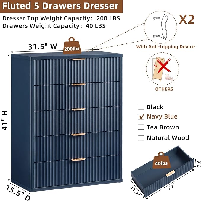 LEYAOYAO Fluted 5 Drawers Dresser Set of 2, 41" Tall Modern Chest of Drawers with Metal Handle, Curved Profile Dresser TV Stand, Wooden Drawer Organizer for Bedroom, Living Room, Hallway, Navy Blue