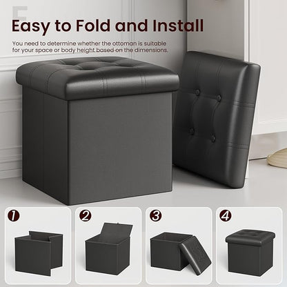 YOUDENOVA 15 inches Folding Storage Ottoman, Cube Storage Boxes, Small Ottoman with Foam Padded Seat, Support 300lbs (Black, Leather)