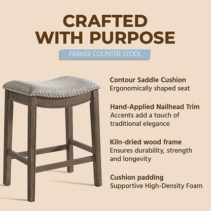 ROME + OAK Set of 4 Parker 26 Inch Counter Stool, Backless Saddle Kitchen Barstool in Walnut Finish with Grey Fabric Upholstery Cushion Seat
