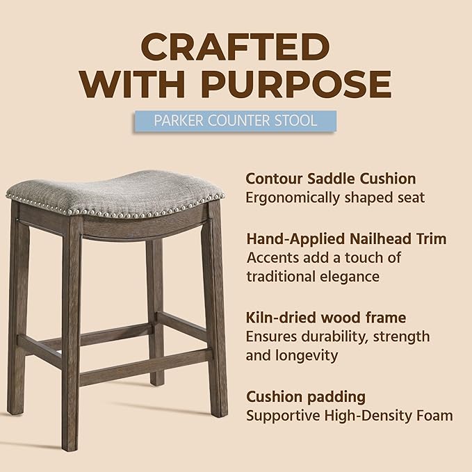 ROME + OAK Parker 26 Inch Counter Stool, Backless Saddle Kitchen Barstool in Walnut Finish with Grey Fabric Upholstery Cushion Seat