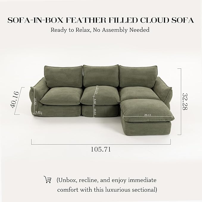 106'' Down Blend L-Shaped Sectional Sofa, Deep Seat Feather-Filled Cushions, Oversized Cloud Couch with Sink-in Comfort, Modern Living Room Sofa – Sage Mist