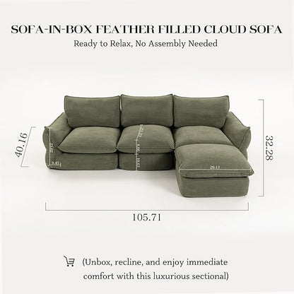 106'' Down Blend L-Shaped Sectional Sofa, Deep Seat Feather-Filled Cushions, Oversized Cloud Couch with Sink-in Comfort, Modern Living Room Sofa – Sage Mist