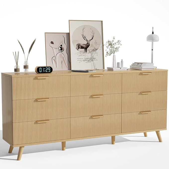 63" Long 9 Drawer Dresser for Bedroom, Modern Chest with Fluted Detailing, Light Wood Boho Dresser and TV Stand, Stylish Storage Organizer for Living Room, Hallway, or Closet, Light Wood